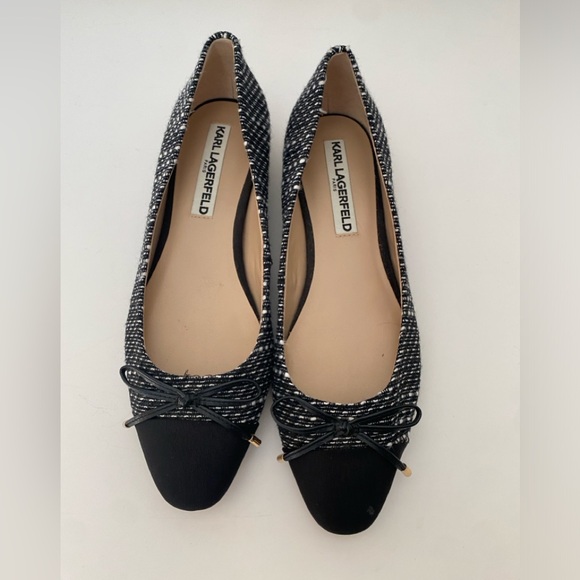 Karl Lagerfeld Nantes 2 Black & White Tweed Ballet Flats with Pearl Heel Size 6 - Picture 2 of 5